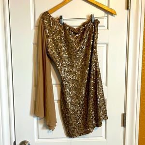 Gold sequin one sheer sleeve party dress